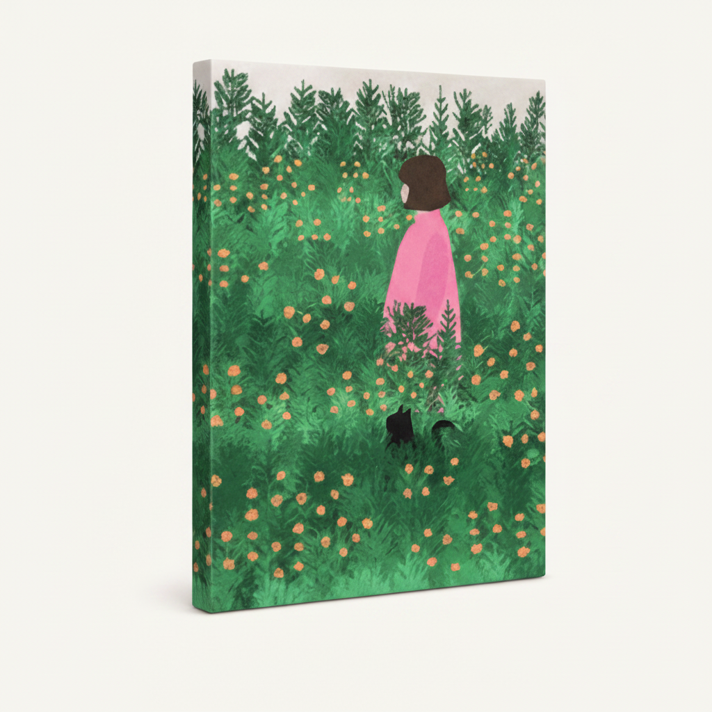 Gallery wrapped stretched canvas of a flat illustration girl in a green flower field, frameless product shot