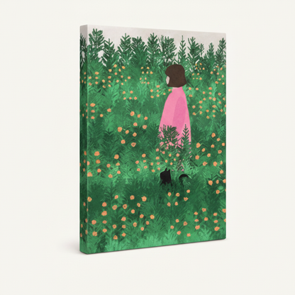 Gallery wrapped stretched canvas of a flat illustration girl in a green flower field, frameless product shot