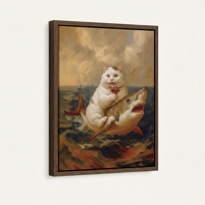 Close-up side angle of framed canvas art showing a white cat riding a shark in walnut floating frame