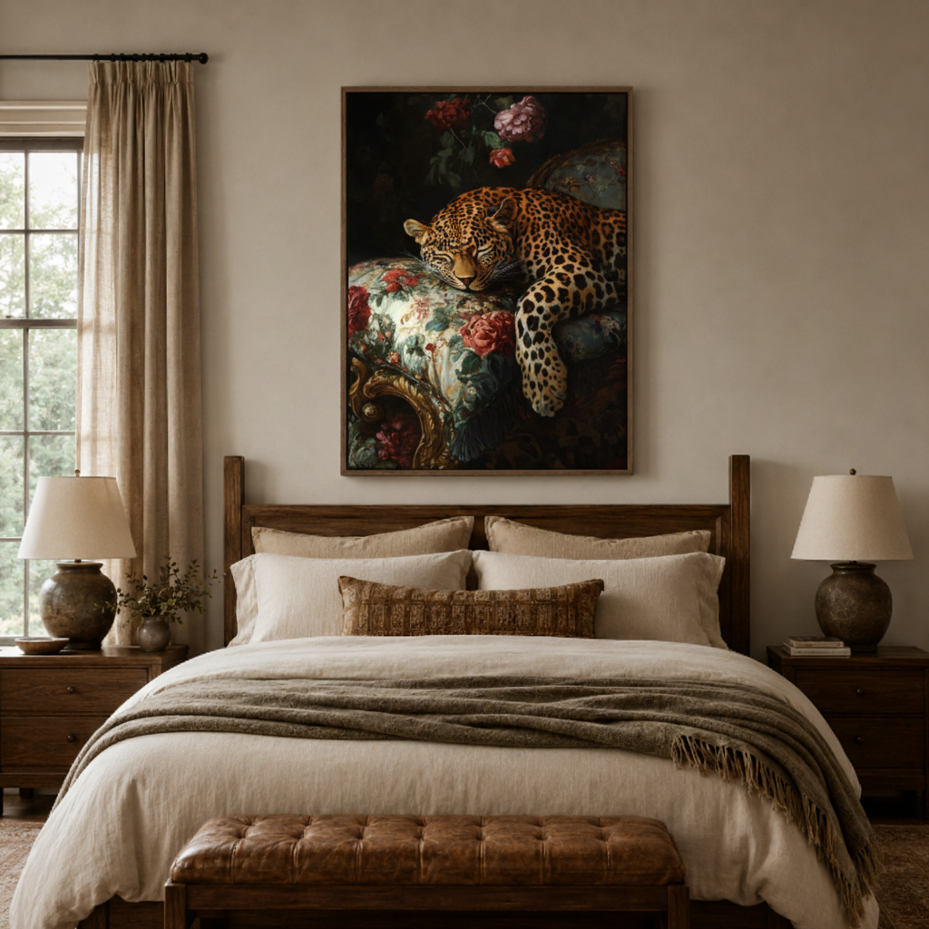 Leopard floral dark baroque canvas print in bedroom – Dutch master oil painting with leopard and peonies as dramatic luxury wall decor above bed by Aurewall