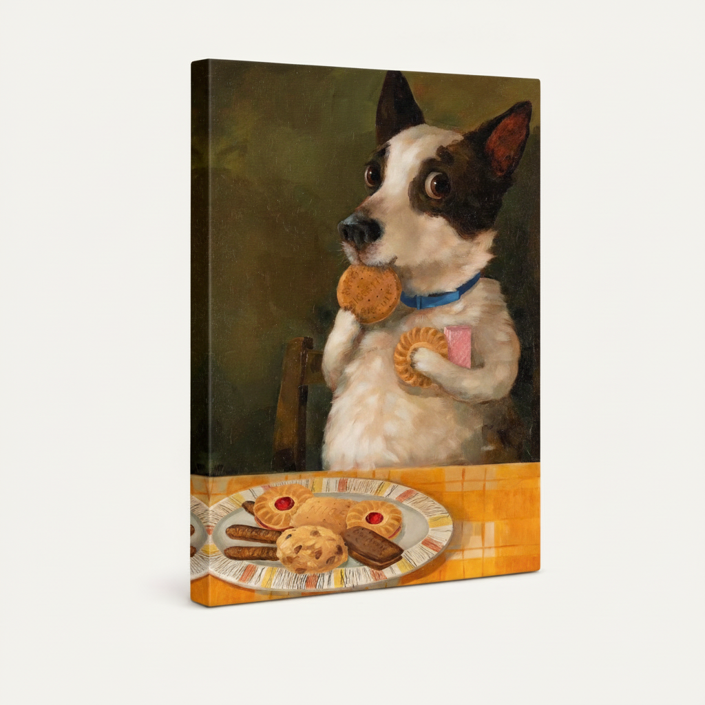 Gallery wrap canvas of black and white dog holding cookies, frameless angled product view