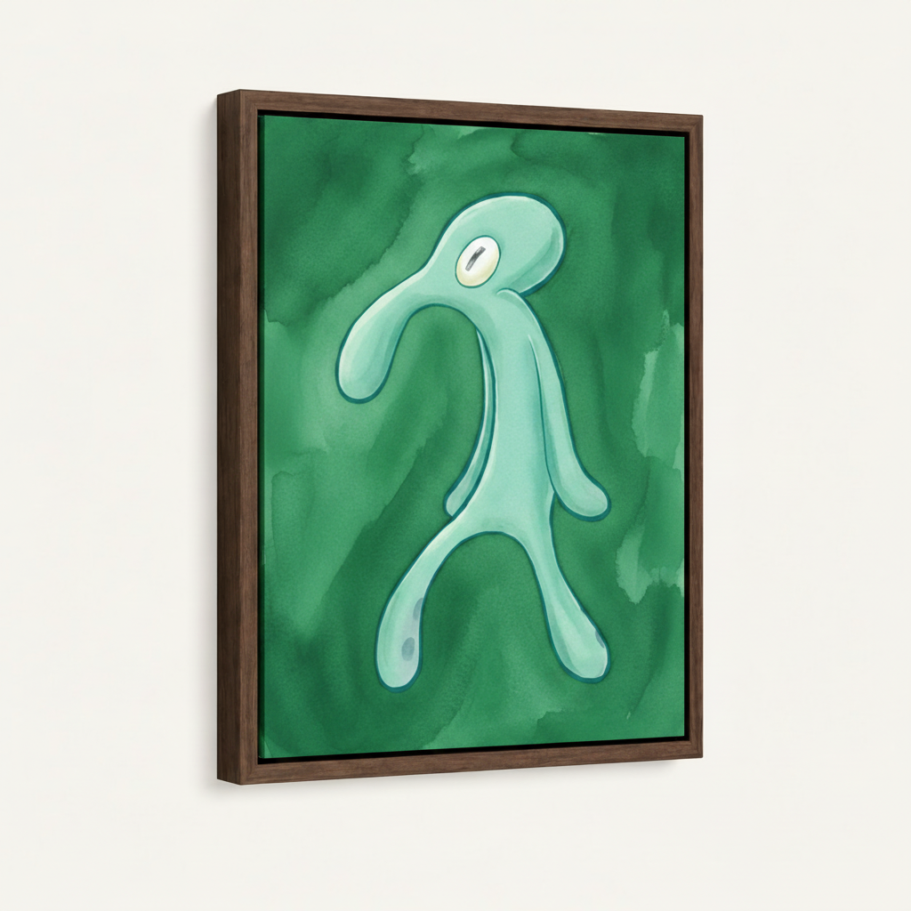 Abstract aquatic figure in warm brown float frame, front-facing product photography