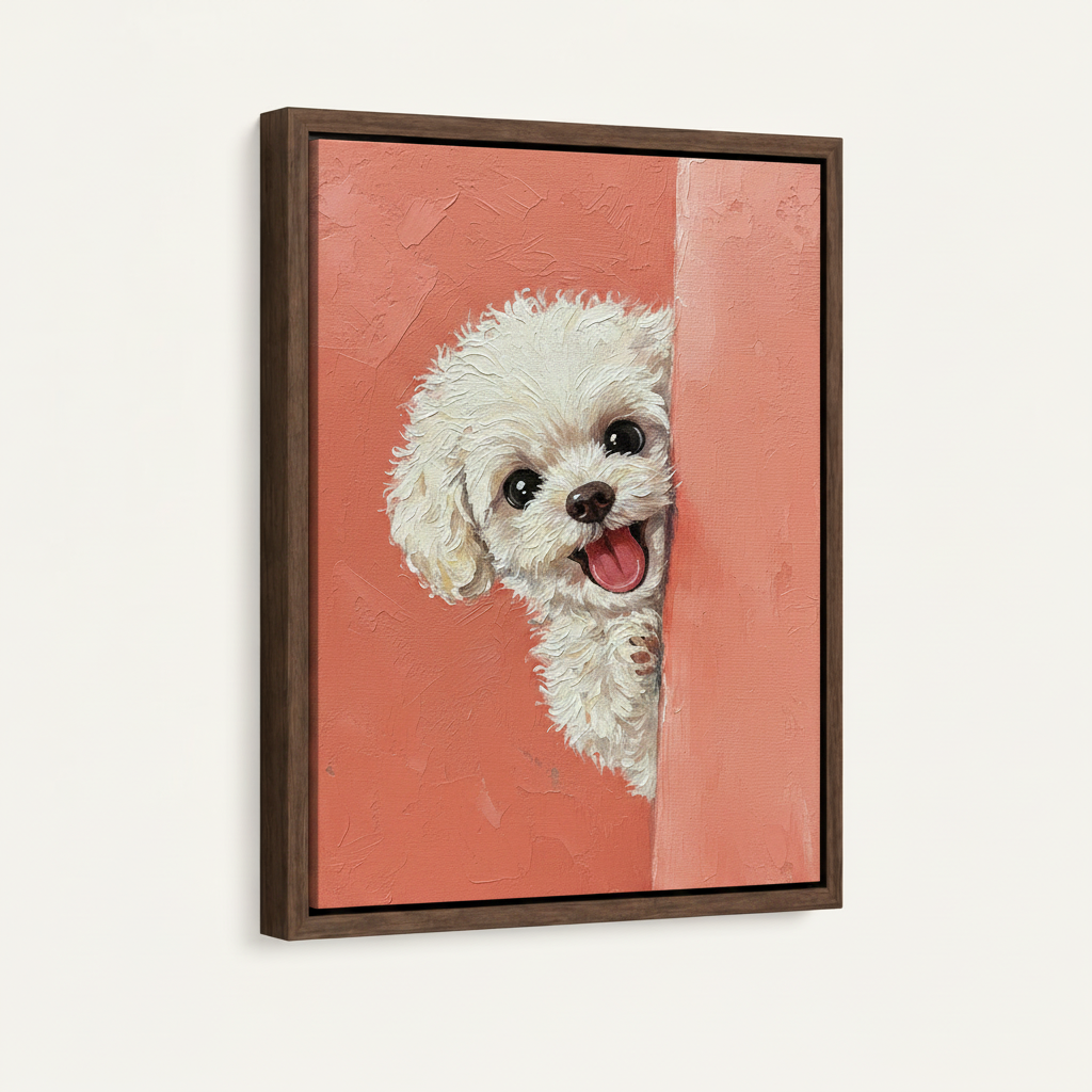 Float framed canvas print of peeking poodle impasto oil art, angled product view on white background