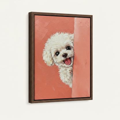 Float framed canvas print of peeking poodle impasto oil art, angled product view on white background
