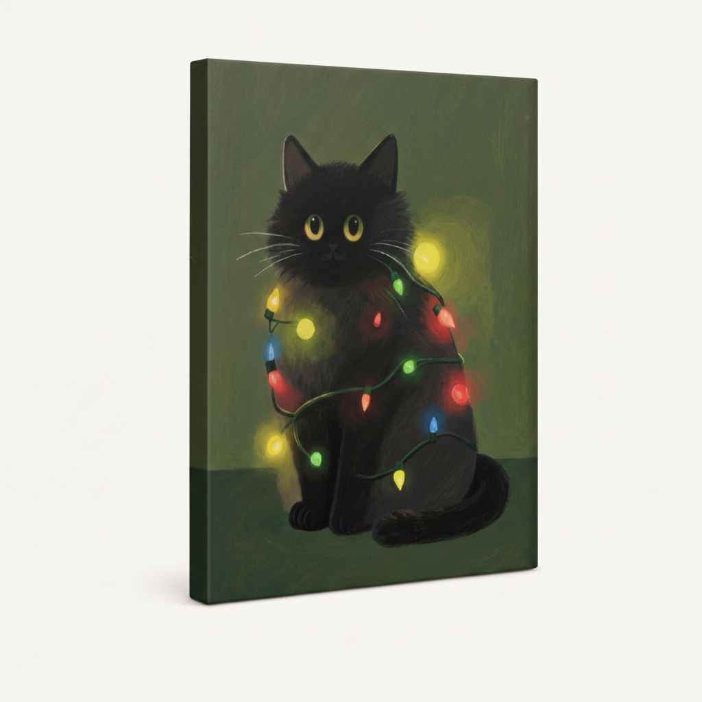 Gallery wrapped canvas featuring a black cat tangled in multicolor string lights on olive green background, angled view