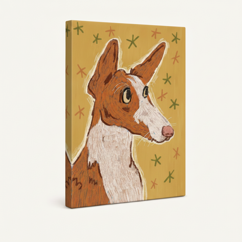 Gallery wrap canvas of whimsical greyhound dog portrait with golden star background, frameless angled view