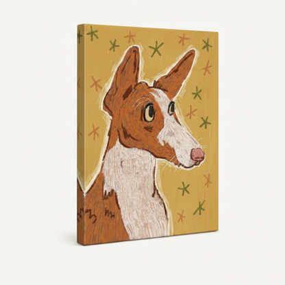 Gallery wrap canvas of whimsical greyhound dog portrait with golden star background, frameless angled view