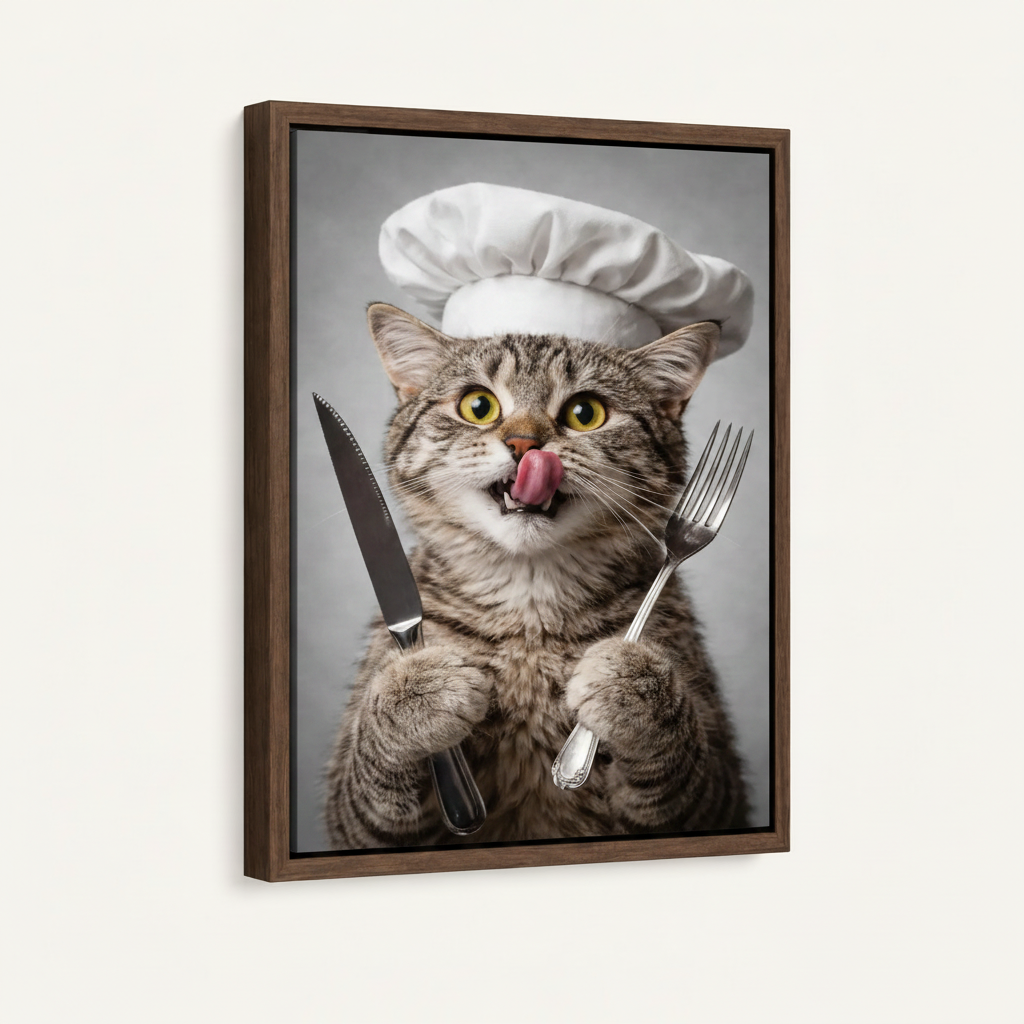 Framed chef cat photorealistic print with dark walnut float frame product mockup shot