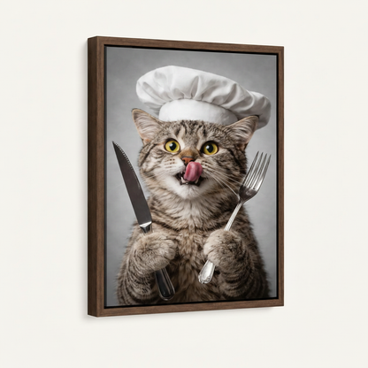Framed chef cat photorealistic print with dark walnut float frame product mockup shot