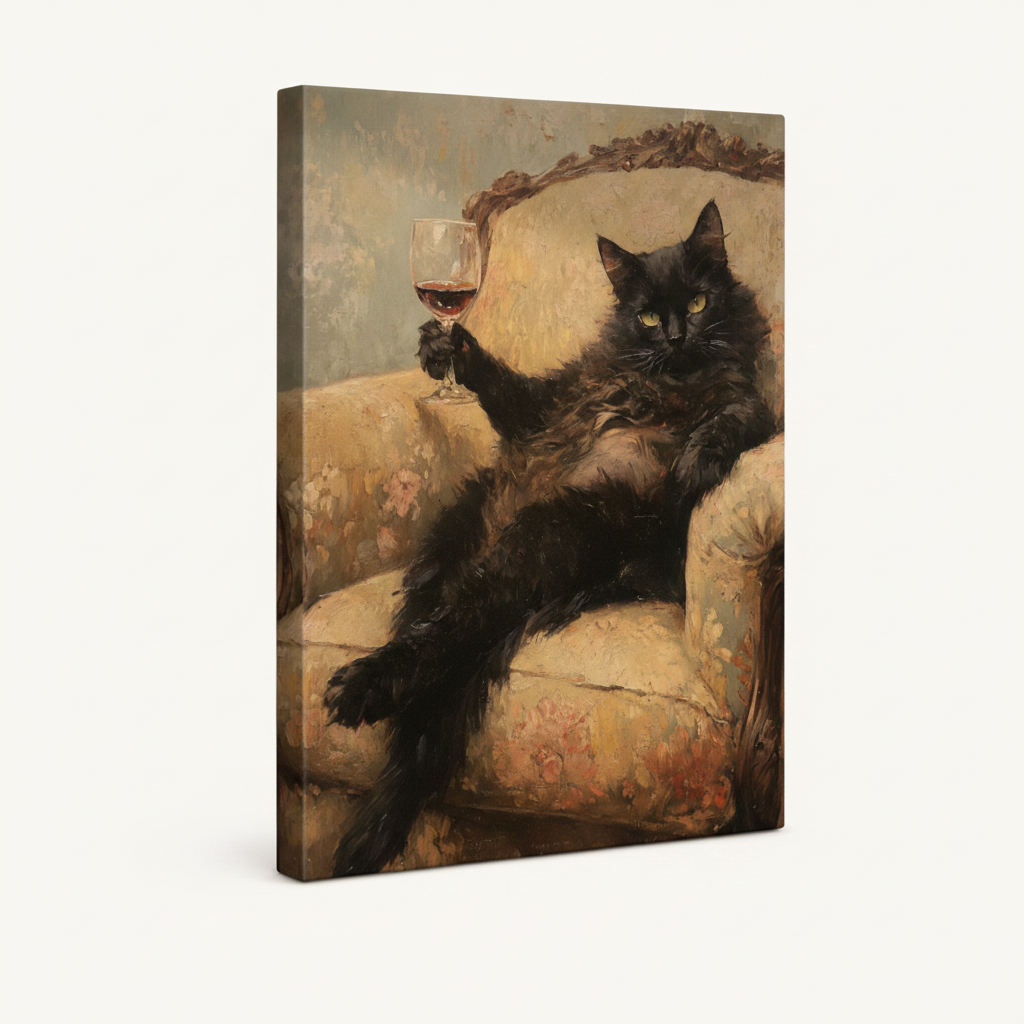 Gallery-wrapped black cat wine oil painting canvas, visible side wrap, white background product photography