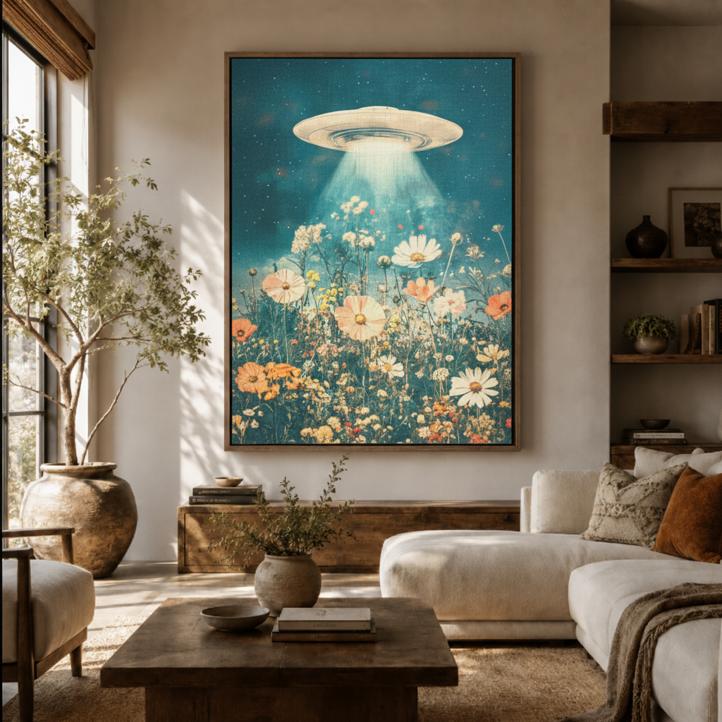UFO wildflower wall art in living room – retro surreal sci-fi floral canvas print displayed above sofa, eclectic home decor by Aurewall