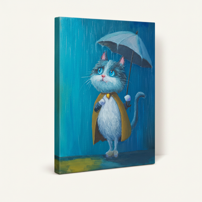 Cute rainy day cat stretched canvas print – unframed whimsical oil painting with small blue cat under umbrella in moody teal rainy scene by Aurewall