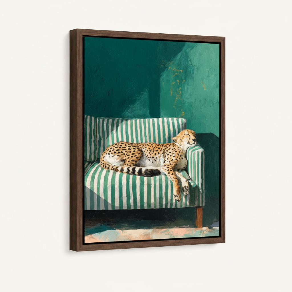 Framed cheetah sofa wall art with dark walnut float frame, luxury animal canvas print