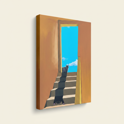 Gray and black cat stairway illustration on gallery-wrapped canvas with artwork-wrapped edges