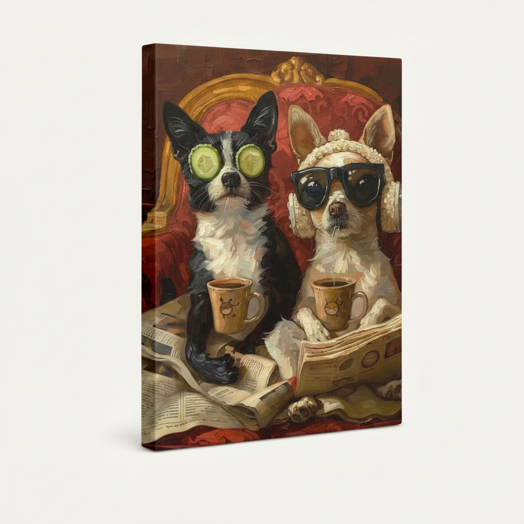 Gallery wrap canvas of two pampered dogs with cucumber eyes and sunglasses, frameless angled product view