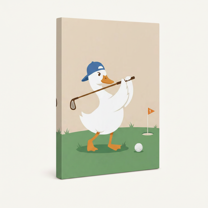 Side view of stretched canvas showing gallery-wrap depth with cheerful golf duck illustration on beige background