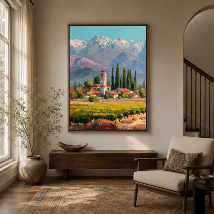 Alpine village Tuscany impressionist canvas wall art in entryway – vibrant oil painting with cypress trees and snowy peaks as elegant European hallway piece by Aurewall