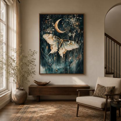Mystical luna moth boho canvas wall art in entryway – dark moon nature print as enchanting hallway statement piece by Aurewall