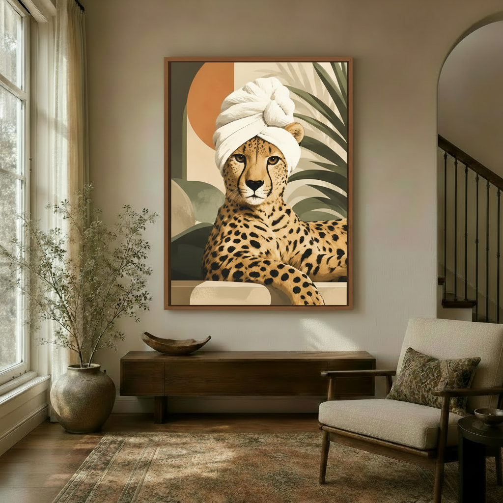 Funny cheetah with towel turban framed canvas print hanging in a warm neutral entryway with natural light