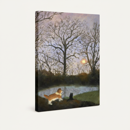 Gallery wrap canvas of corgi and black dog watching moon rise over a still winter pond, frameless side view
