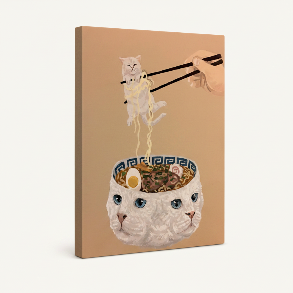 Gallery-wrapped cat ramen canvas showing side wrap detail on white background