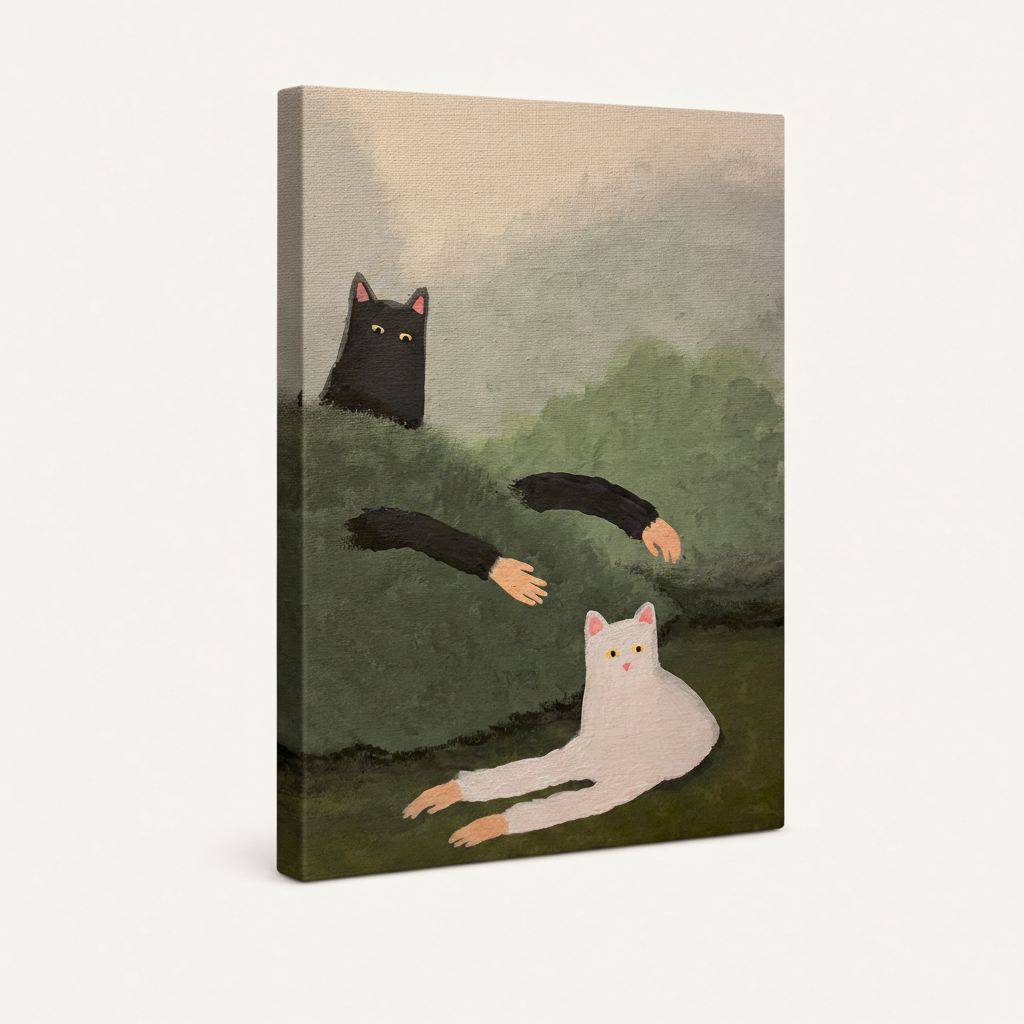 Stretched canvas whimsical cat painting angled side view on white background showing canvas wrap thickness and painted edges
