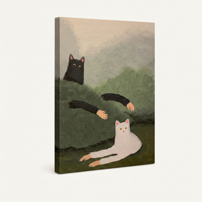Stretched canvas whimsical cat painting angled side view on white background showing canvas wrap thickness and painted edges
