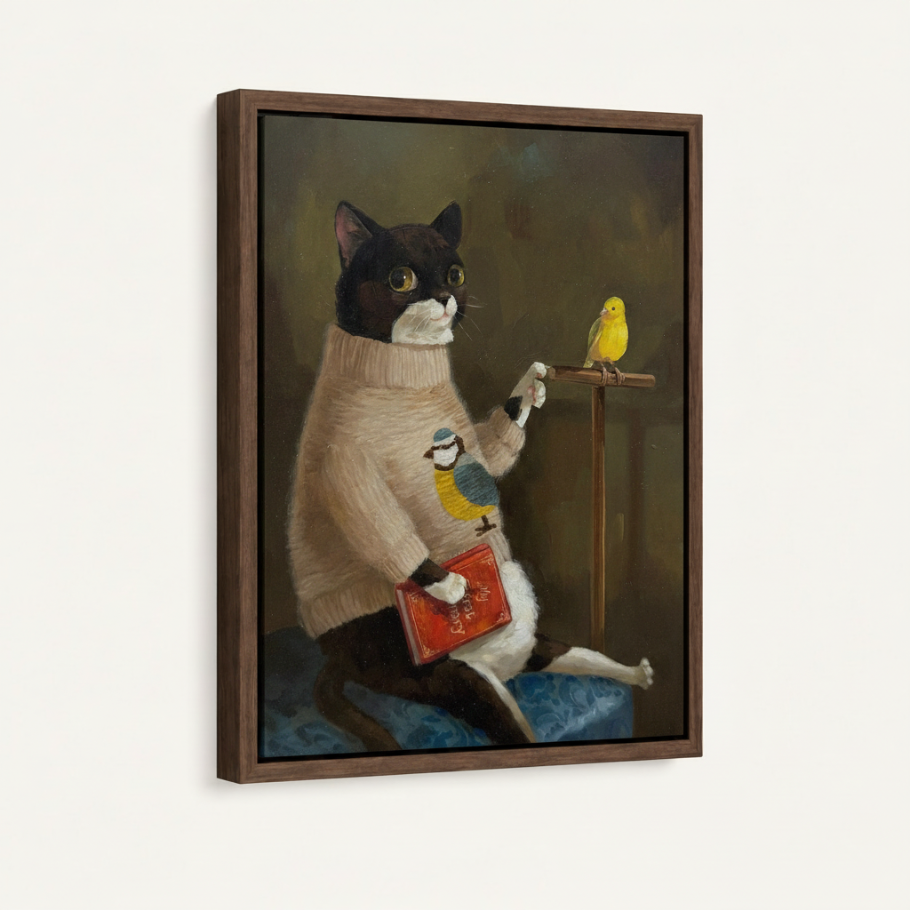 Framed classical cat painting on wall – whimsical large canvas art for bedroom or living room