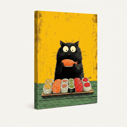 Gallery-wrap stretched canvas of whimsical black cat hugging salmon nigiri, bold yellow background, side angle view