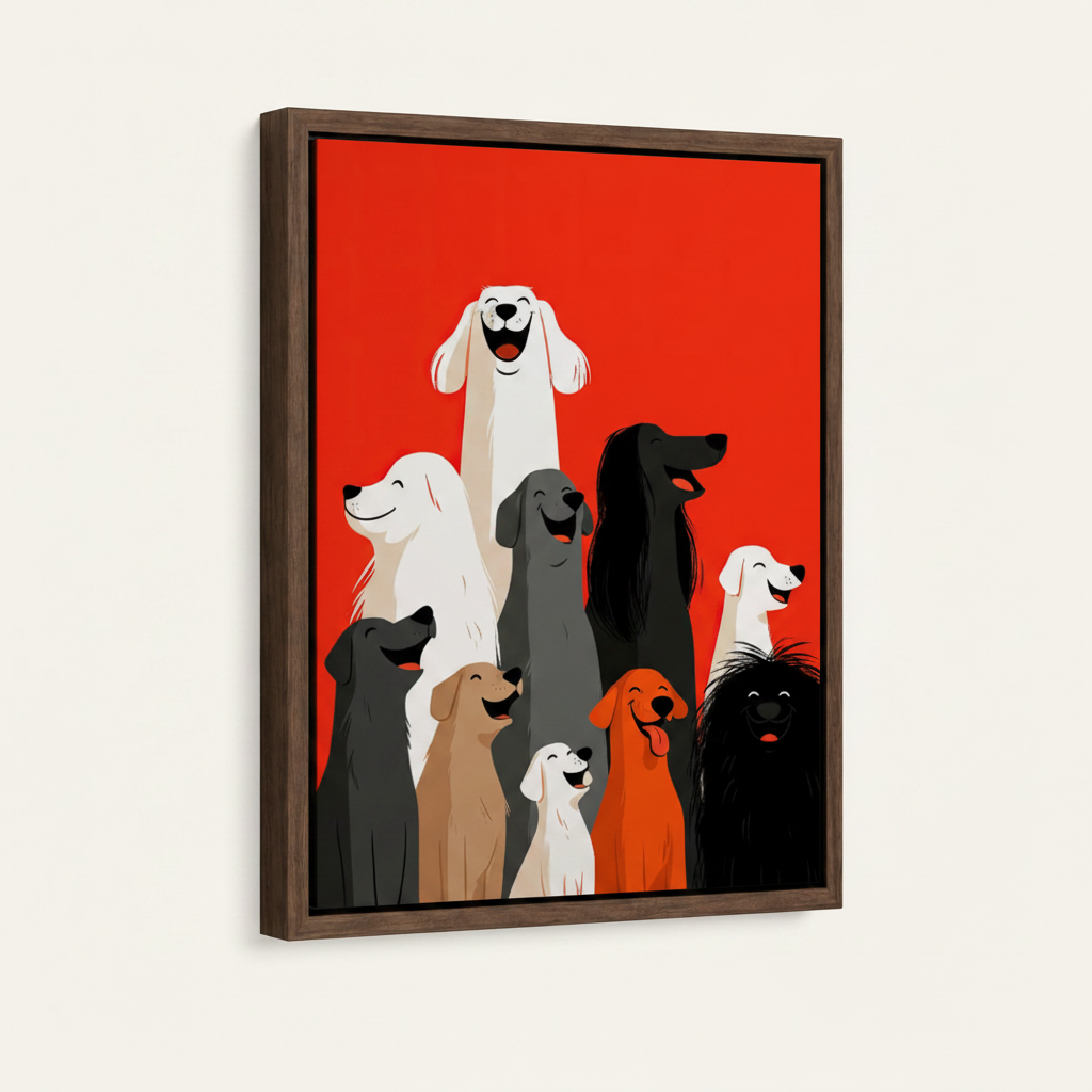 Framed canvas print of smiling dogs illustration in dark walnut float frame, front product angle view