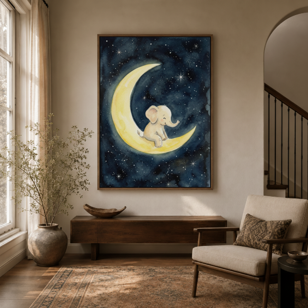 Baby elephant moon canvas wall art in entryway – whimsical watercolor nursery print as charming hallway statement piece by Aurewall