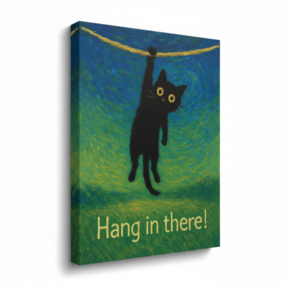 Stretched canvas black cat wall art – whimsical Van Gogh style "Hang in There" print by Aurewall