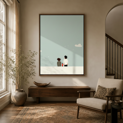Contemporary family wall art canvas print in minimalist style hanging in entryway
