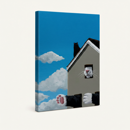 Gallery-wrapped cats rooftop canvas showing portrait orientation and side wrap on white background