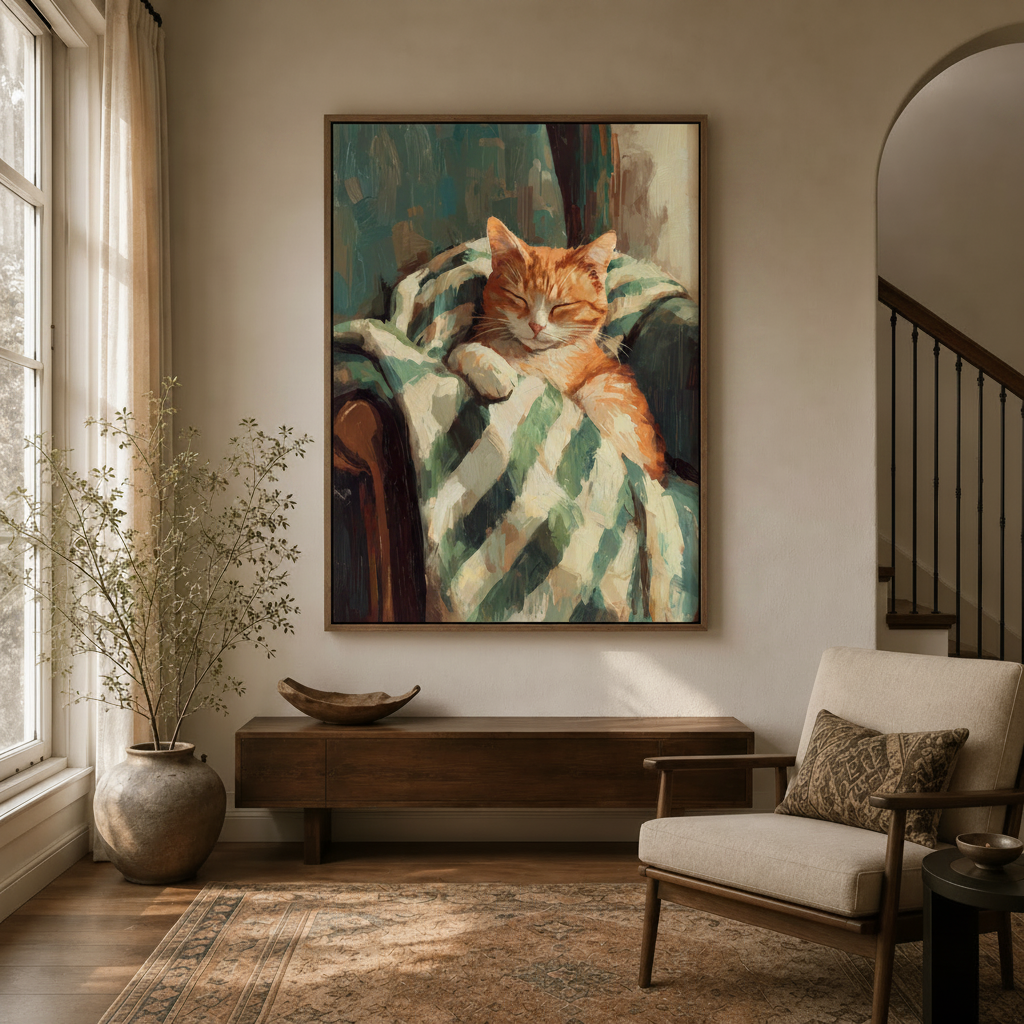 Impressionist cat painting on canvas displayed in a transitional entryway with natural light