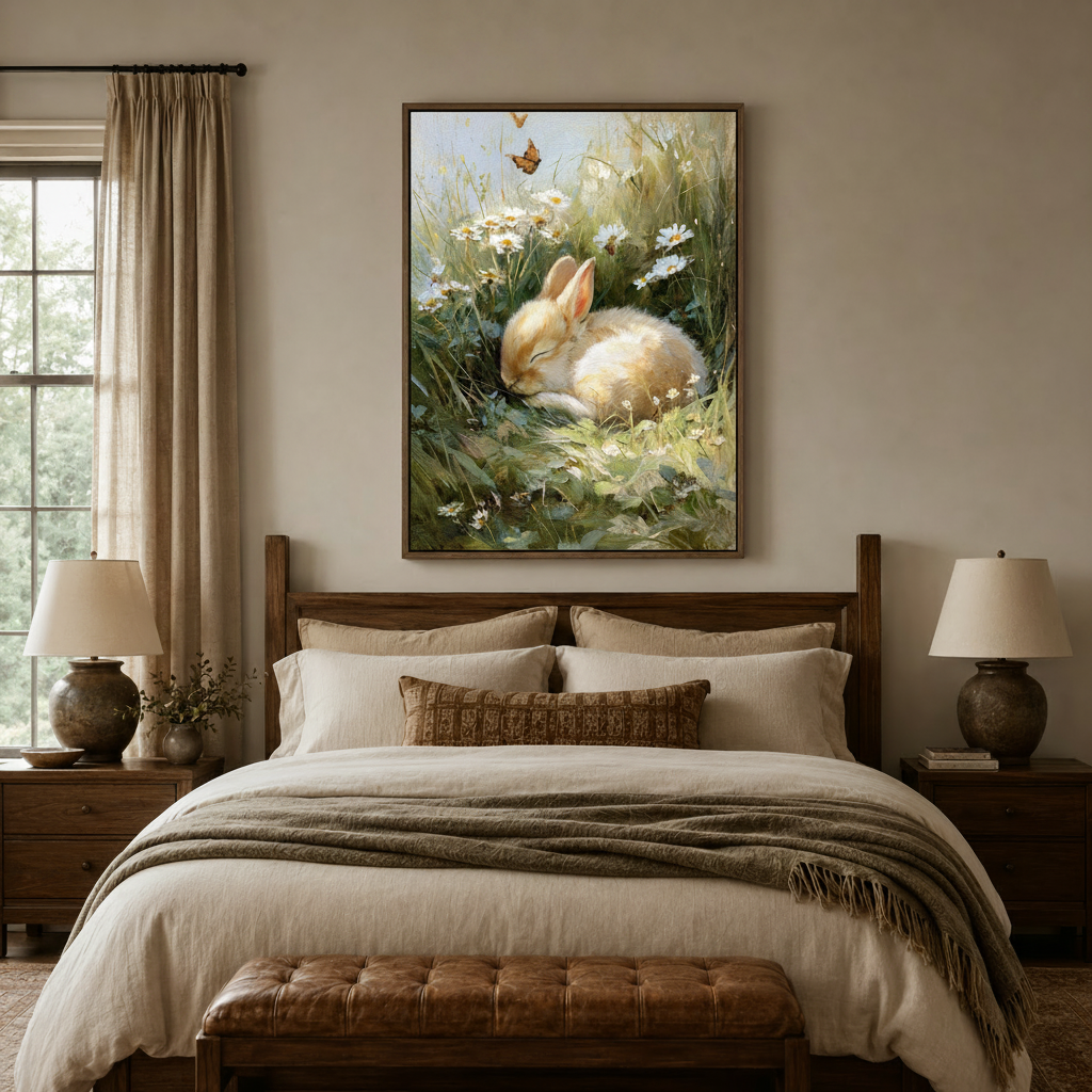 Framed sleeping bunny nature canvas print with thin black gap above bedroom headboard
