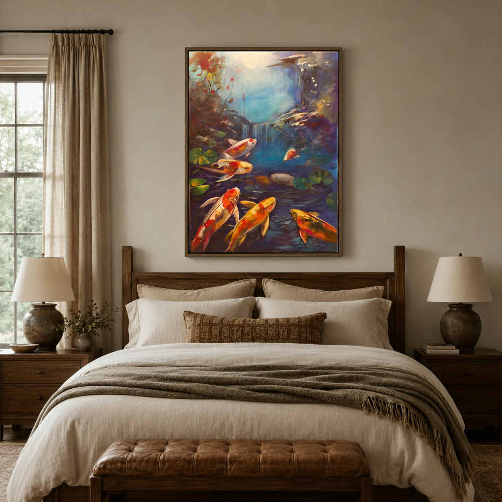 Colorful koi fish oil painting in floating frame above bed in cozy neutral bedroom with linen bedding