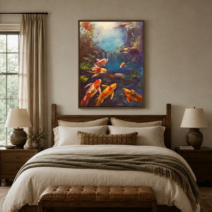 Colorful koi fish oil painting in floating frame above bed in cozy neutral bedroom with linen bedding