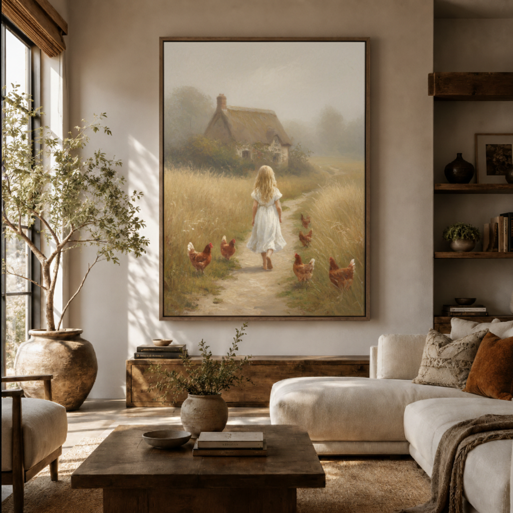 Farmhouse girl chickens canvas wall art in living room – rustic oil painting with country girl and hens on golden path displayed above sofa by Aurewall