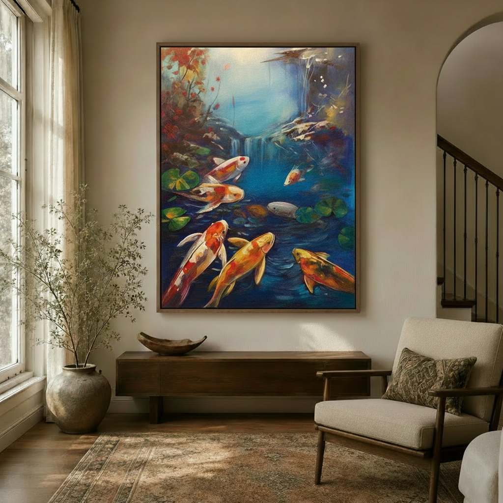 Koi fish impressionist oil painting in dark walnut frame displayed in modern entryway with console and arched doorway