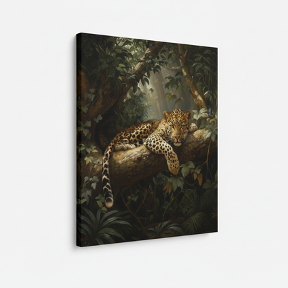 Jungle leopard stretched canvas print – unframed dark tropical wildlife oil painting with leopard in lush green canopy by Aurewall