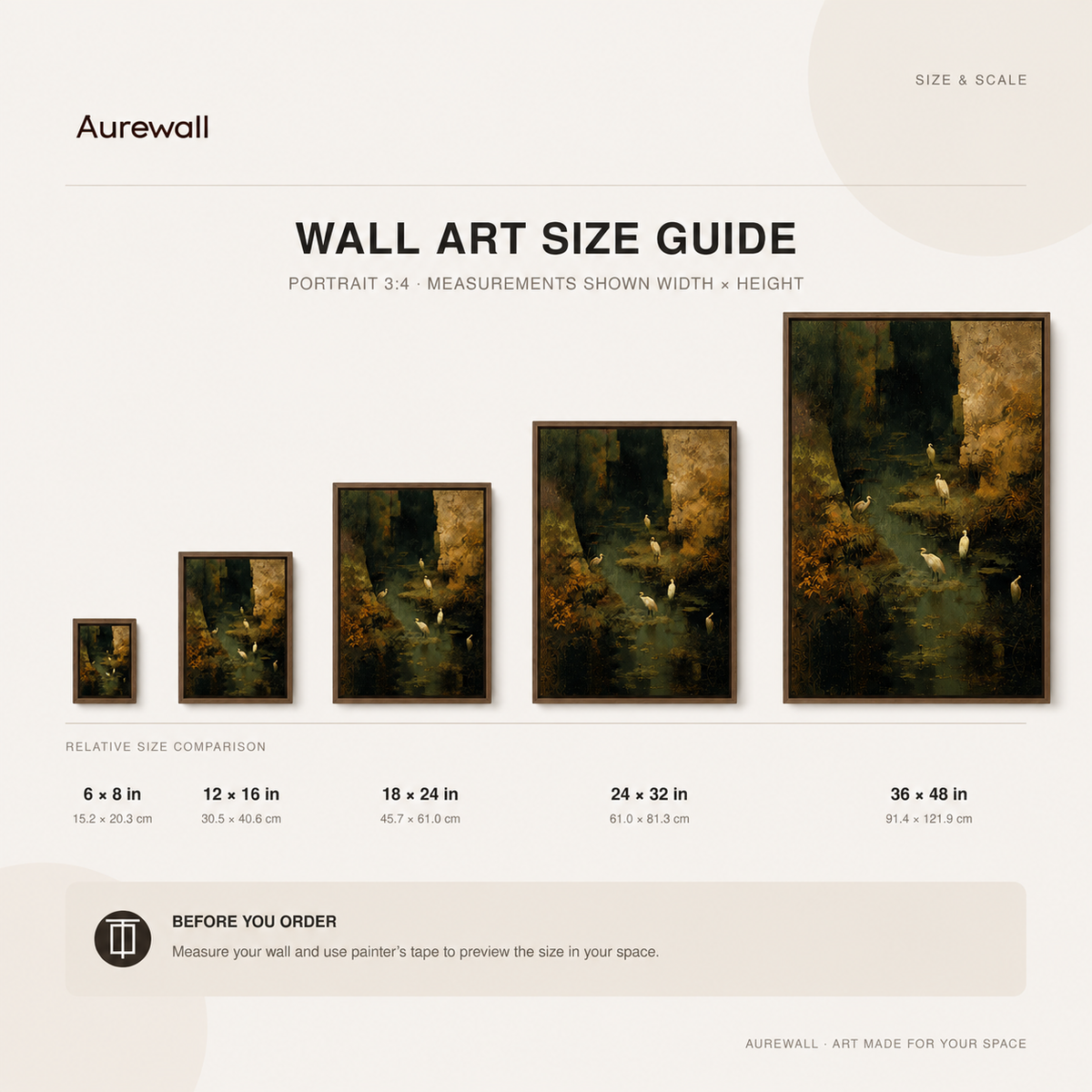 Aurewall  art size guide – available in 6x8, 12x16, 18x24, 24x32, 36x48 inches
