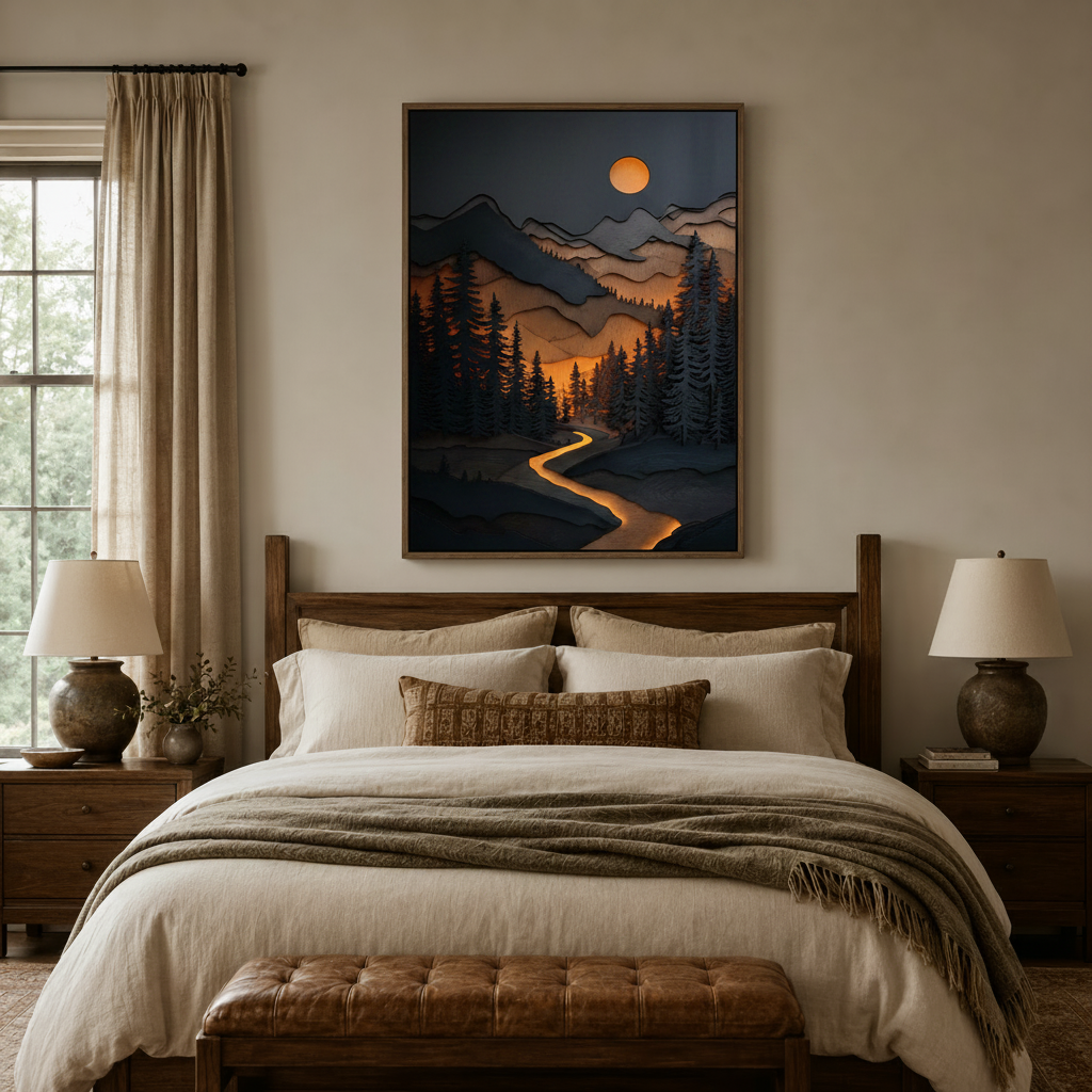 Dark mountain landscape canvas wall art in float frame above wooden bed headboard in bedroom