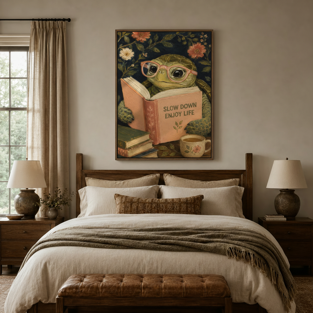 Charming turtle reading wall art in walnut float frame above a linen bed – cottagecore bedroom decor by Aurewall
