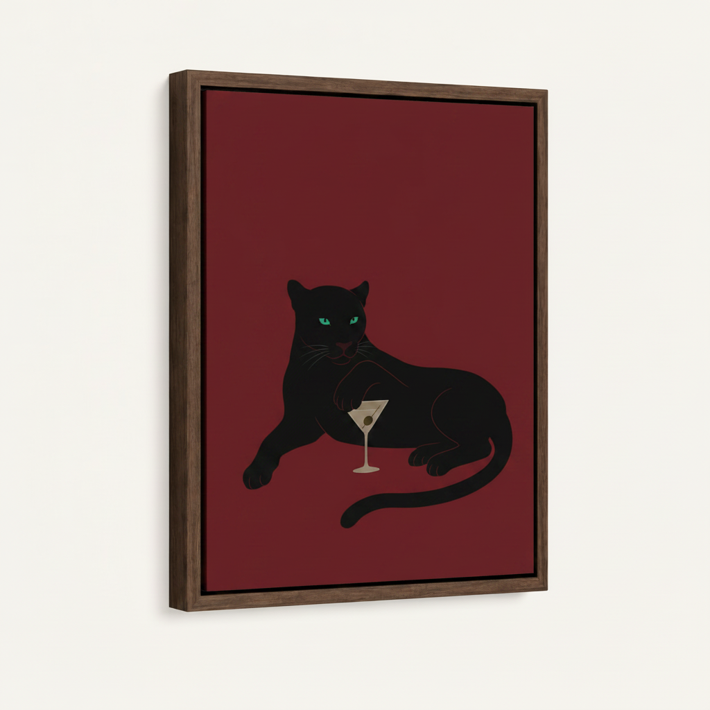 Black panther martini framed canvas print in dark walnut float frame, angled product view on white background