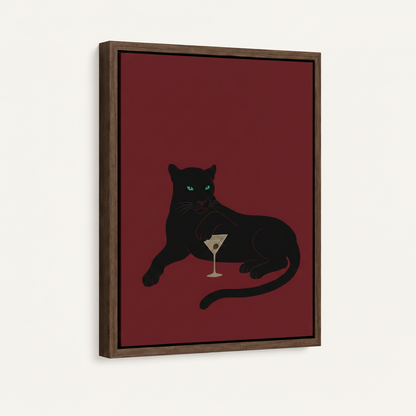 Black panther martini framed canvas print in dark walnut float frame, angled product view on white background