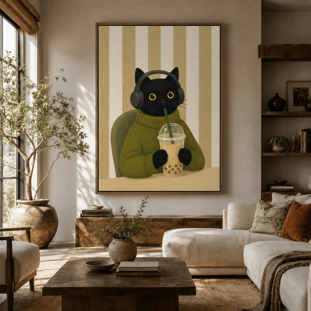 Boba cat canvas wall art in cozy illustrated style displayed above sofa in warm neutral living room