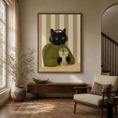 Black cat with headphones drinking bubble tea — whimsical canvas art in entryway beside staircase