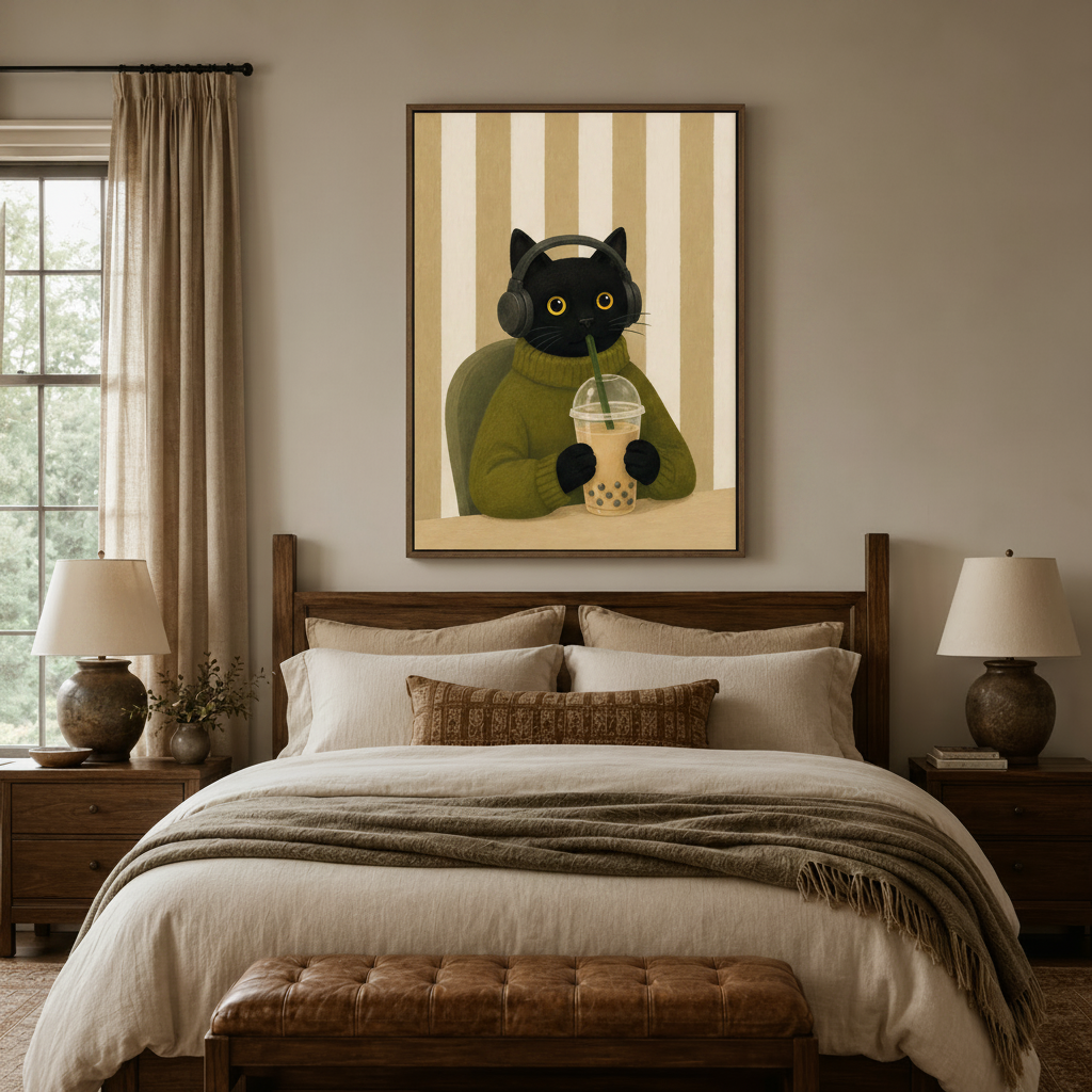 Funny boba cat wall art centered above bed in cozy bedroom with warm neutral tones