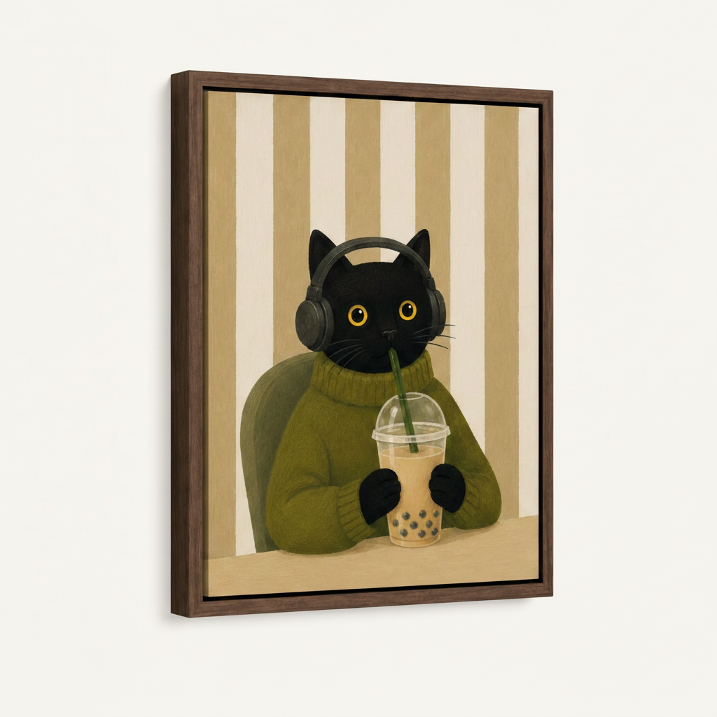 Side angle of float-framed boba cat canvas showing walnut wood frame detail against white wall